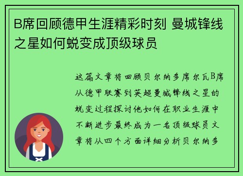 B席回顾德甲生涯精彩时刻 曼城锋线之星如何蜕变成顶级球员 B席回顾德甲生涯精彩时刻 曼城锋线之星如何蜕变成顶级球员